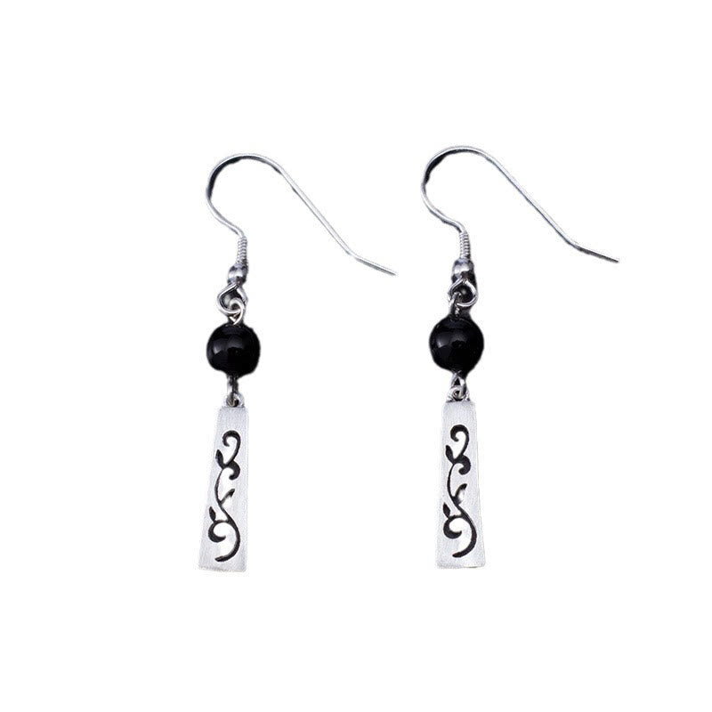 Nimara Ritual 925 Sterling Silver Black Onyx Hollow Vine Protection Drop Earrings