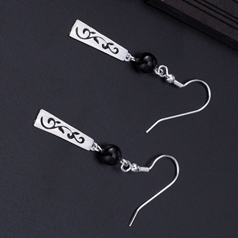 Nimara Ritual 925 Sterling Silver Black Onyx Hollow Vine Protection Drop Earrings