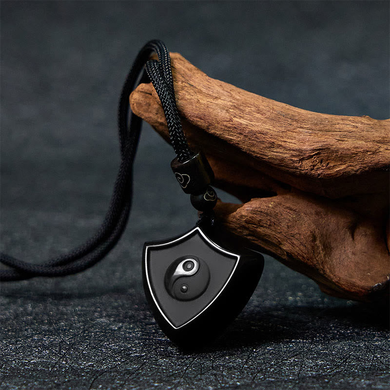 Nimara Ritual Black Obsidian Shield Pattern Yin Yang Symbol Strength Necklace Pendant