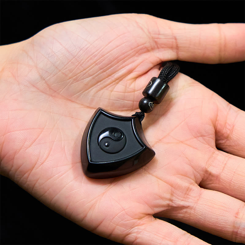 Nimara Ritual Black Obsidian Shield Pattern Yin Yang Symbol Strength Necklace Pendant
