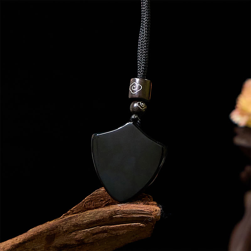 Nimara Ritual Black Obsidian Shield Pattern Yin Yang Symbol Strength Necklace Pendant