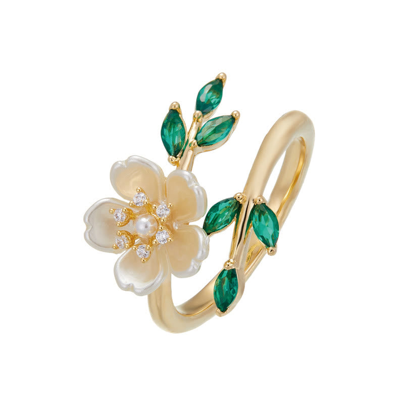 Nimara Ritual Pearl Flower Zircon Leaves Happiness Wealth Adjustable Ring