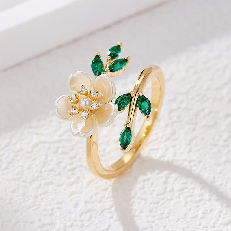 Nimara Ritual Pearl Flower Zircon Leaves Happiness Wealth Adjustable Ring