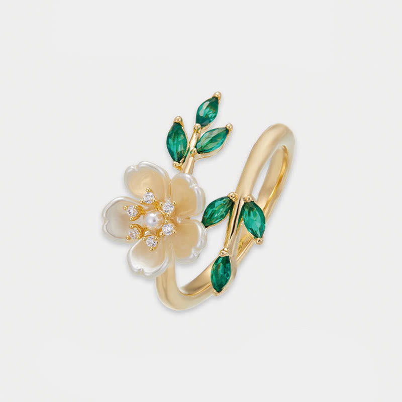 Nimara Ritual Pearl Flower Zircon Leaves Happiness Wealth Adjustable Ring