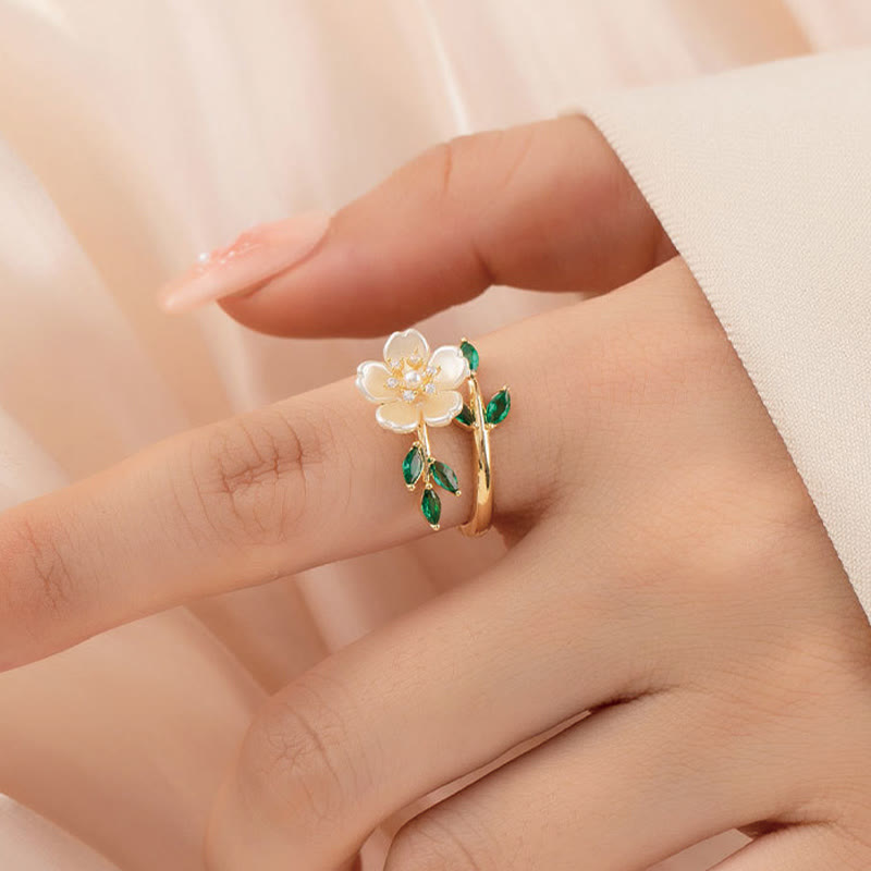 Nimara Ritual Pearl Flower Zircon Leaves Happiness Wealth Adjustable Ring