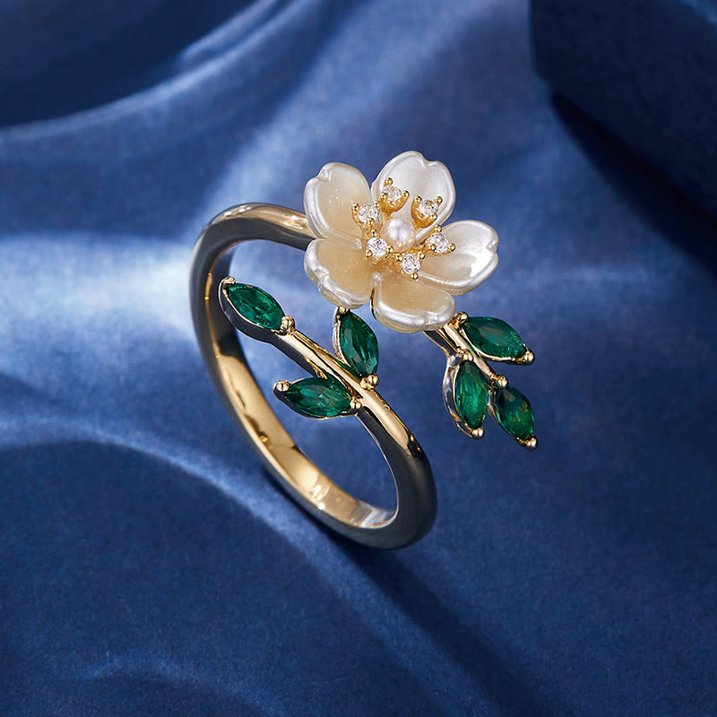 Nimara Ritual Pearl Flower Zircon Leaves Happiness Wealth Adjustable Ring