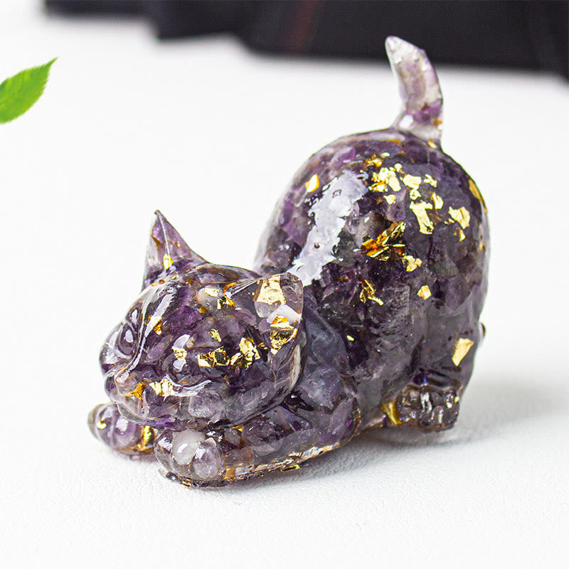 Nimara Ritual Stretching Cat Resin Crystal Gravel Meditation Decoration