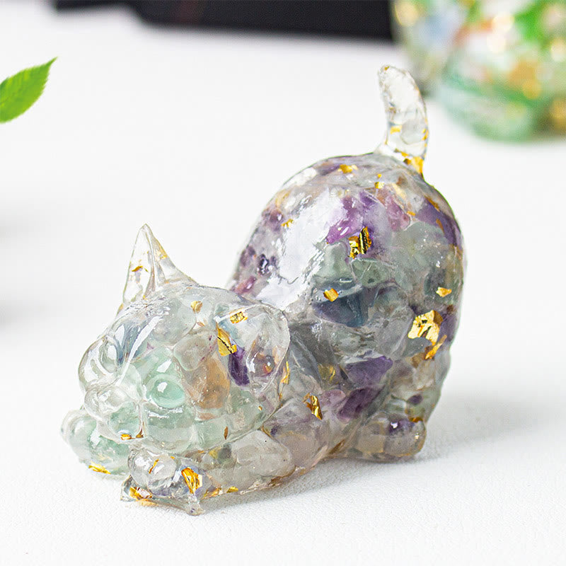 Nimara Ritual Stretching Cat Resin Crystal Gravel Meditation Decoration