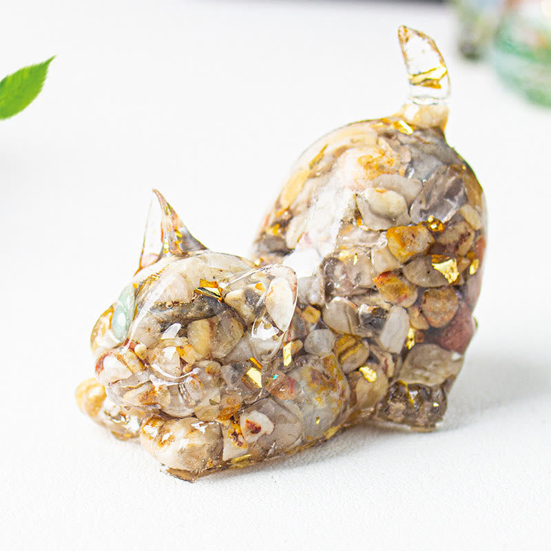 Nimara Ritual Stretching Cat Resin Crystal Gravel Meditation Decoration