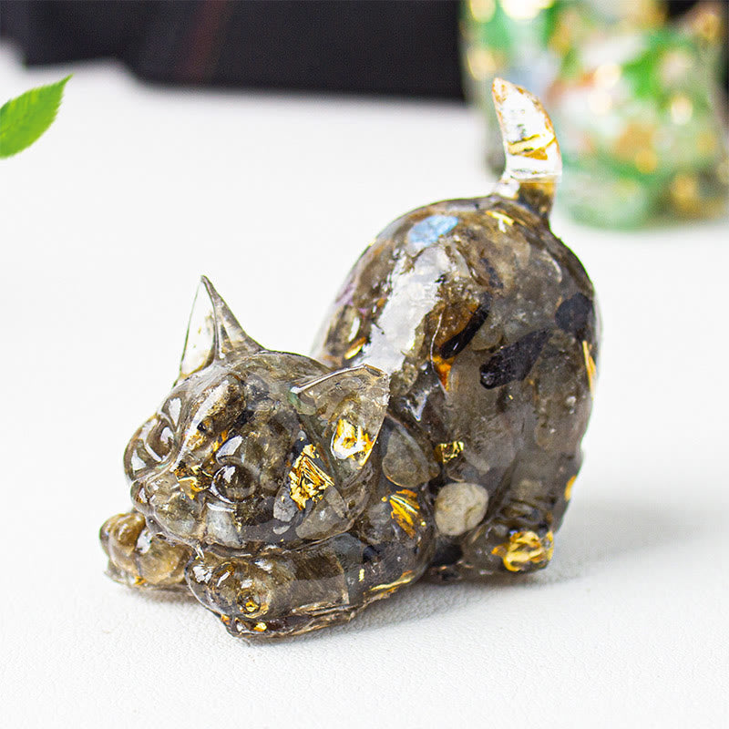 Nimara Ritual Stretching Cat Resin Crystal Gravel Meditation Decoration