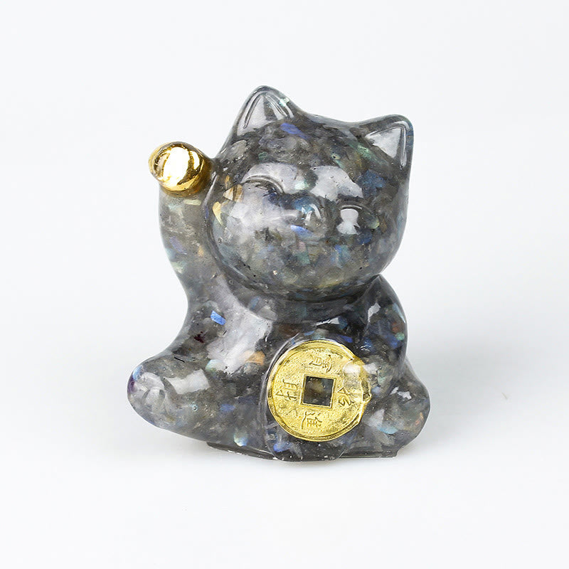 Nimara Ritual Lucky Cat Copper Coin Turquoise Labradorite Pink Crystal Amethyst Strength Home Decoration