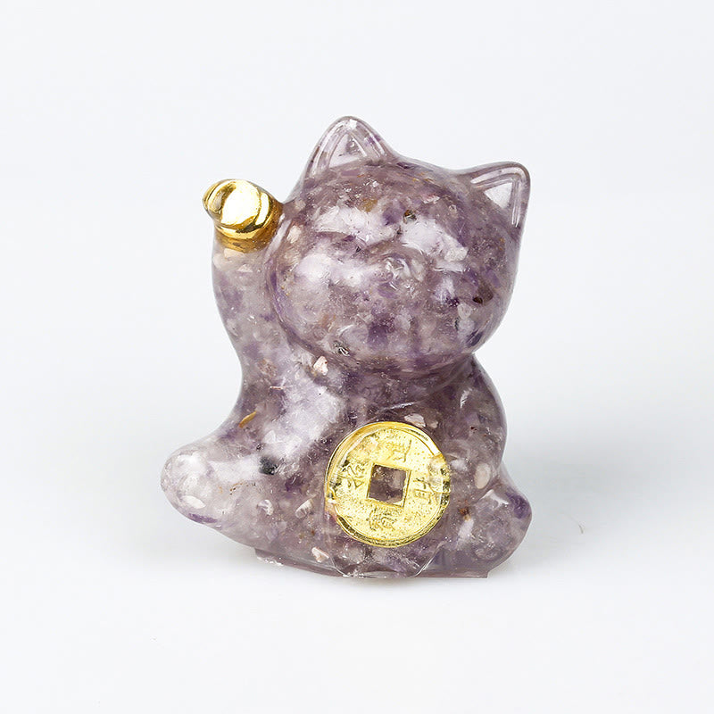 Nimara Ritual Lucky Cat Copper Coin Turquoise Labradorite Pink Crystal Amethyst Strength Home Decoration