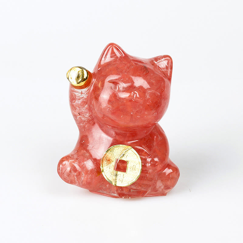 Nimara Ritual Lucky Cat Copper Coin Turquoise Labradorite Pink Crystal Amethyst Strength Home Decoration