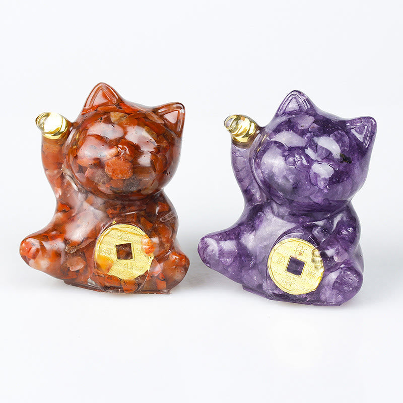 Nimara Ritual Lucky Cat Copper Coin Turquoise Labradorite Pink Crystal Amethyst Strength Home Decoration