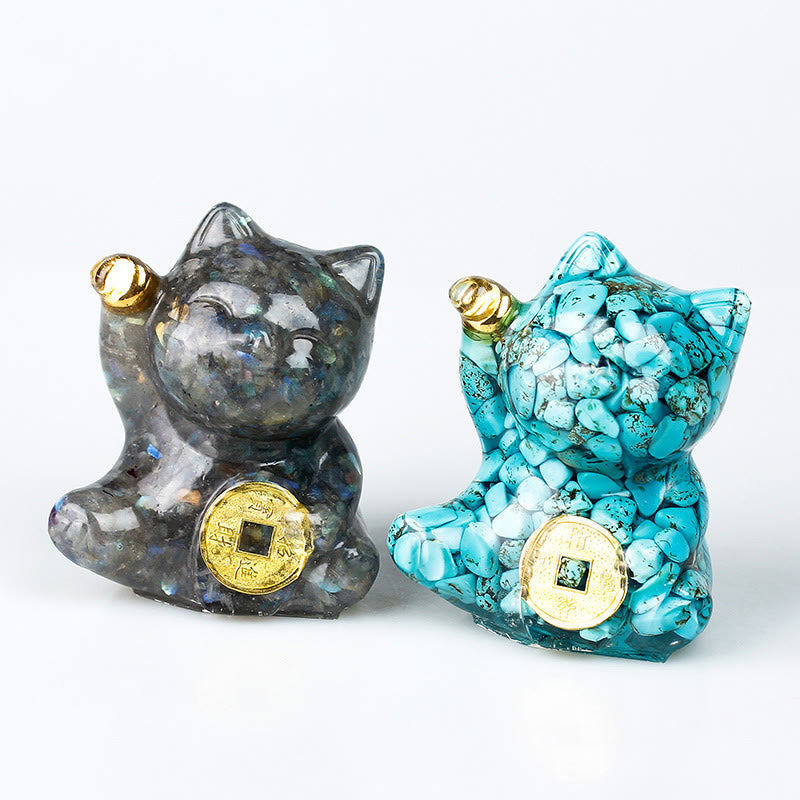 Nimara Ritual Lucky Cat Copper Coin Turquoise Labradorite Pink Crystal Amethyst Strength Home Decoration