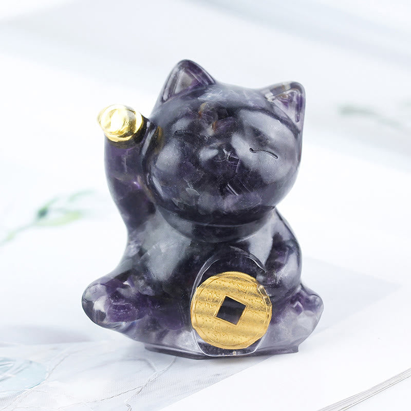 Nimara Ritual Lucky Cat Copper Coin Turquoise Labradorite Pink Crystal Amethyst Strength Home Decoration