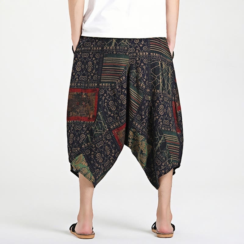 Nimara Ritual Ethnic Pattern Drawstring 7-8 Length Cotton Men's Harem Pants With Pockets