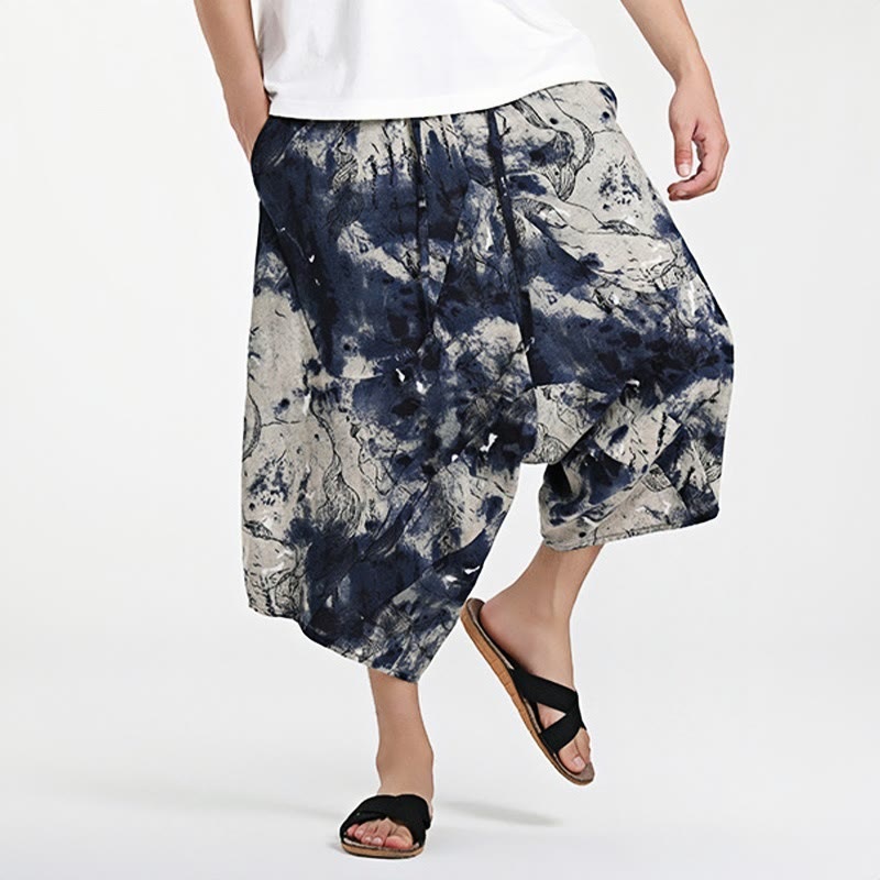 Nimara Ritual Ethnic Pattern Drawstring 7-8 Length Cotton Men's Harem Pants With Pockets