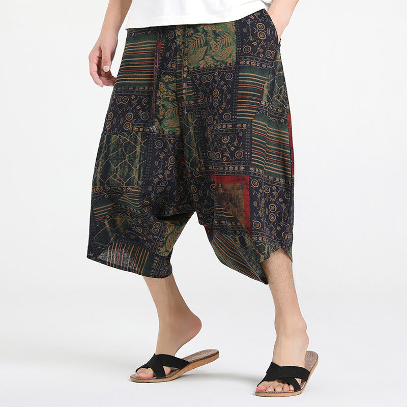 Nimara Ritual Ethnic Pattern Drawstring 7-8 Length Cotton Men's Harem Pants With Pockets