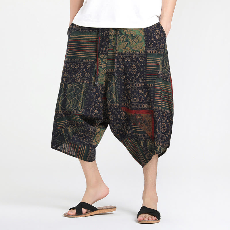 Nimara Ritual Ethnic Pattern Drawstring 7-8 Length Cotton Men's Harem Pants With Pockets