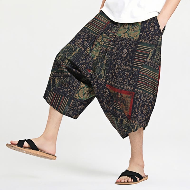 Nimara Ritual Ethnic Pattern Drawstring 7-8 Length Cotton Men's Harem Pants With Pockets