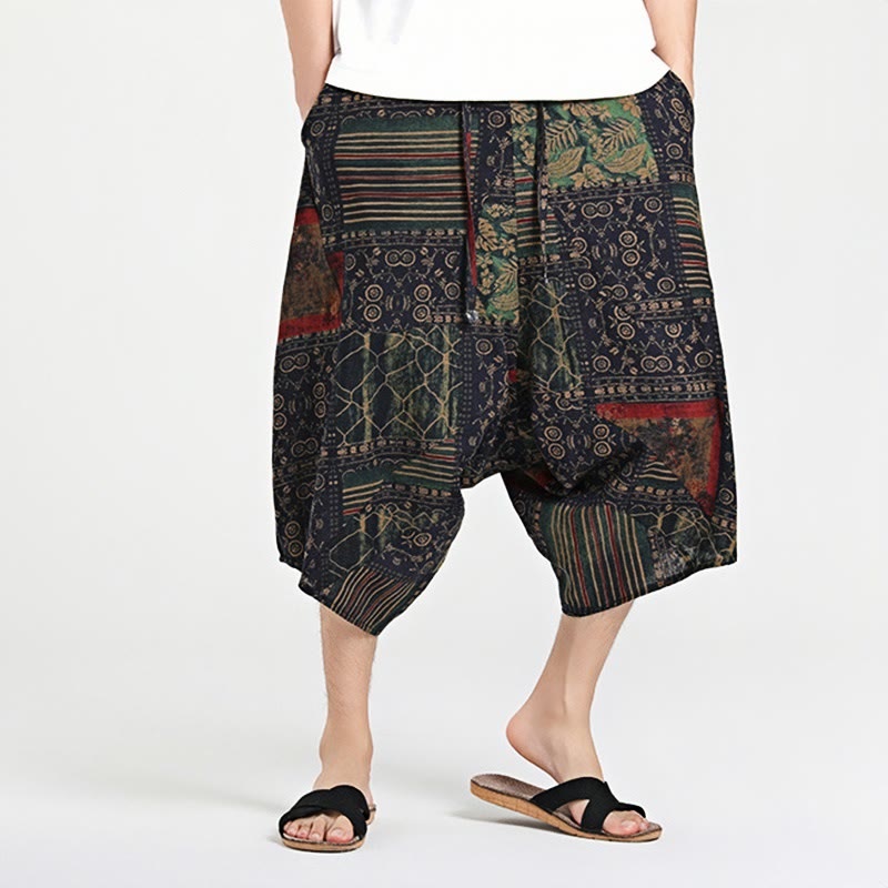 Nimara Ritual Ethnic Pattern Drawstring 7-8 Length Cotton Men's Harem Pants With Pockets