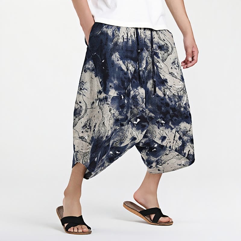 Nimara Ritual Ethnic Pattern Drawstring 7-8 Length Cotton Men's Harem Pants With Pockets