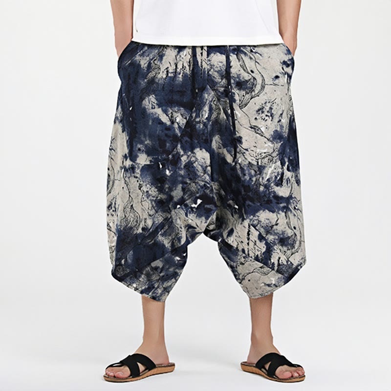 Nimara Ritual Ethnic Pattern Drawstring 7-8 Length Cotton Men's Harem Pants With Pockets