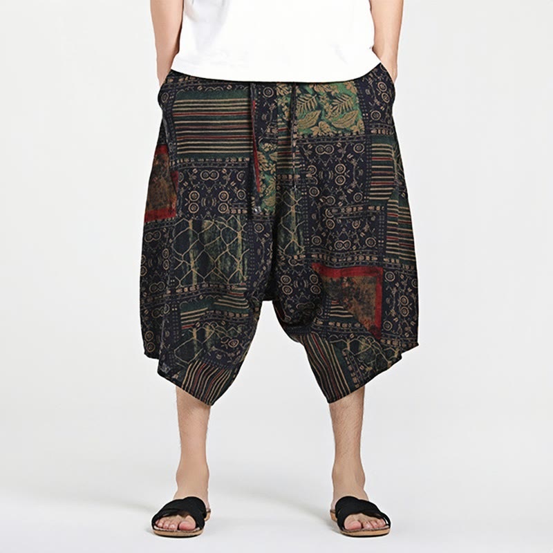 Nimara Ritual Ethnic Pattern Drawstring 7-8 Length Cotton Men's Harem Pants With Pockets