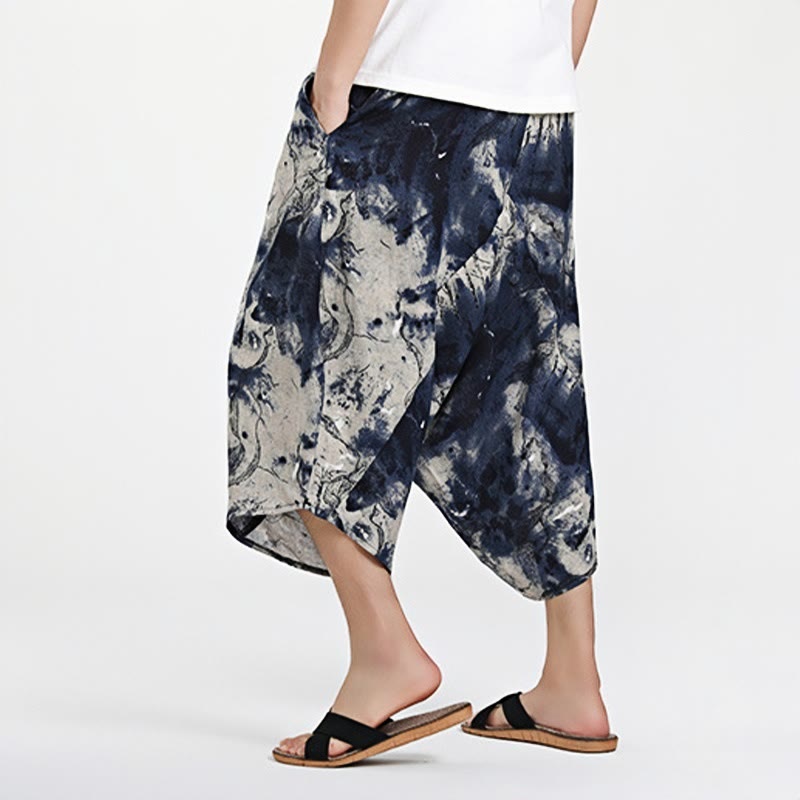 Nimara Ritual Ethnic Pattern Drawstring 7-8 Length Cotton Men's Harem Pants With Pockets
