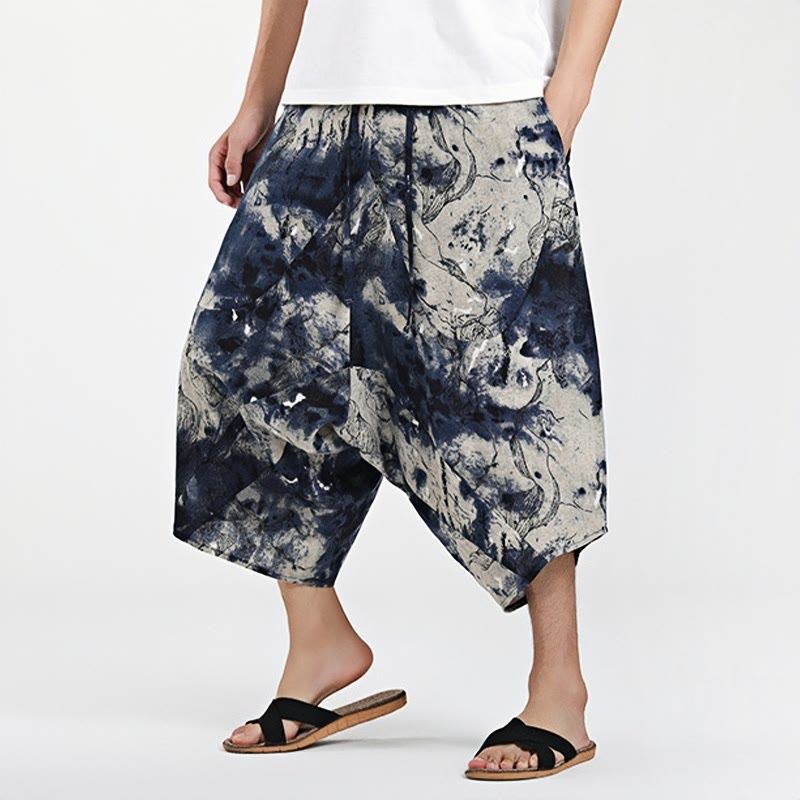 Nimara Ritual Ethnic Pattern Drawstring 7-8 Length Cotton Men's Harem Pants With Pockets