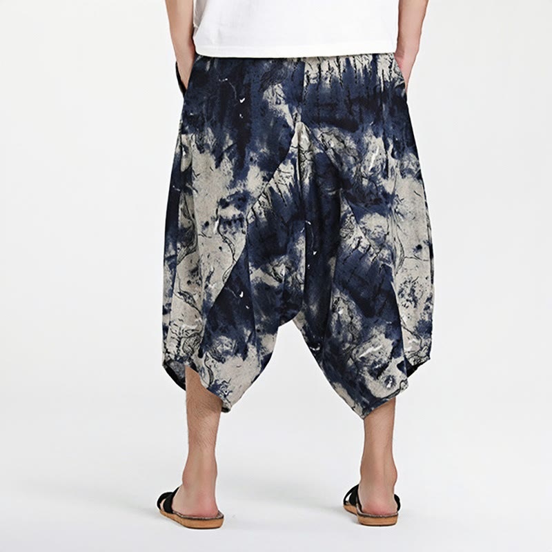 Nimara Ritual Ethnic Pattern Drawstring 7-8 Length Cotton Men's Harem Pants With Pockets