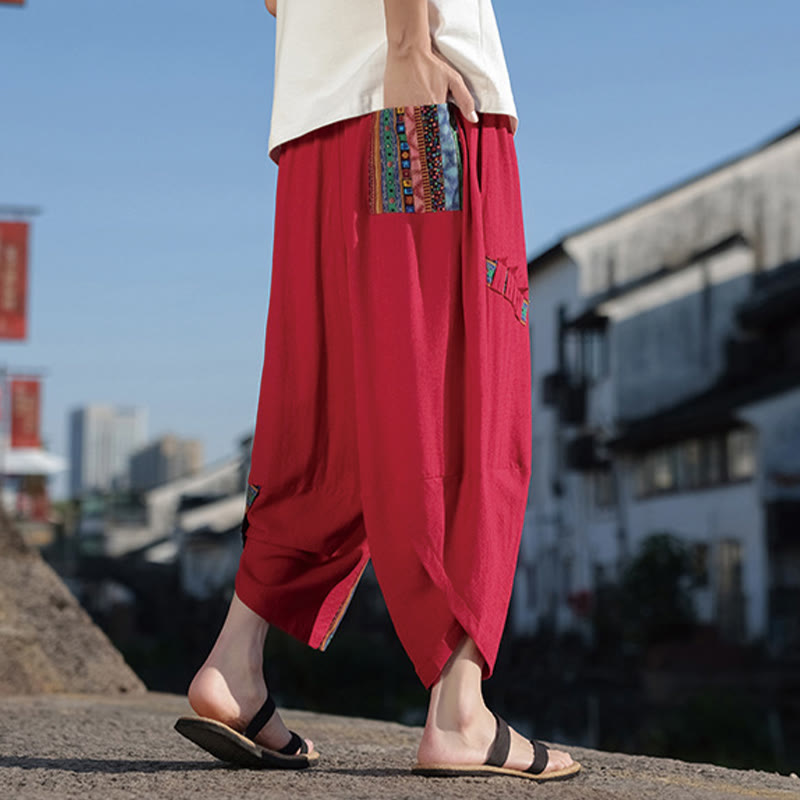 Nimara Ritual Bohemian Patchwork Pattern Cotton Drawstring Men's Wide Leg Pants With Pockets
