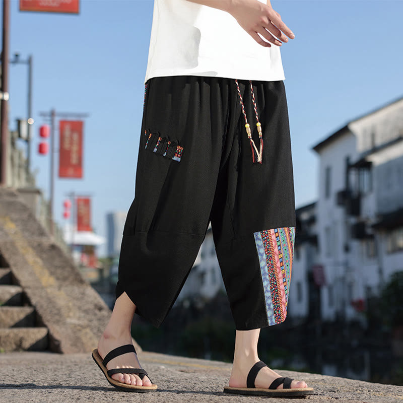Nimara Ritual Bohemian Patchwork Pattern Cotton Drawstring Men's Wide Leg Pants With Pockets