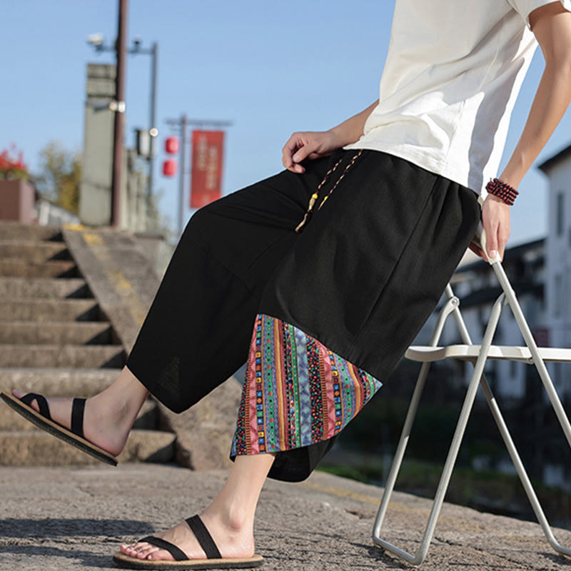 Nimara Ritual Bohemian Patchwork Pattern Cotton Drawstring Men's Wide Leg Pants With Pockets