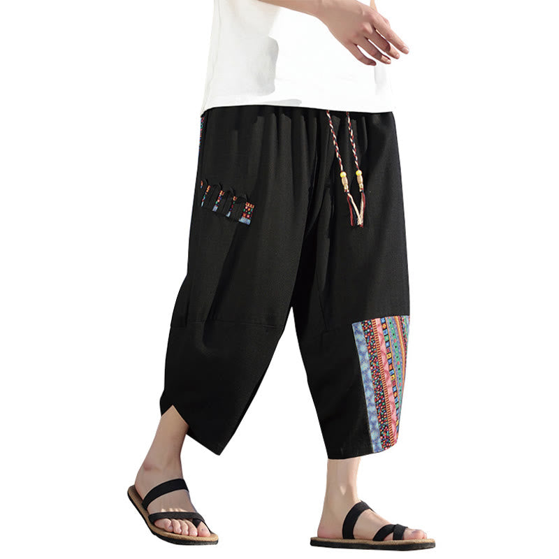 Nimara Ritual Bohemian Patchwork Pattern Cotton Drawstring Men's Wide Leg Pants With Pockets