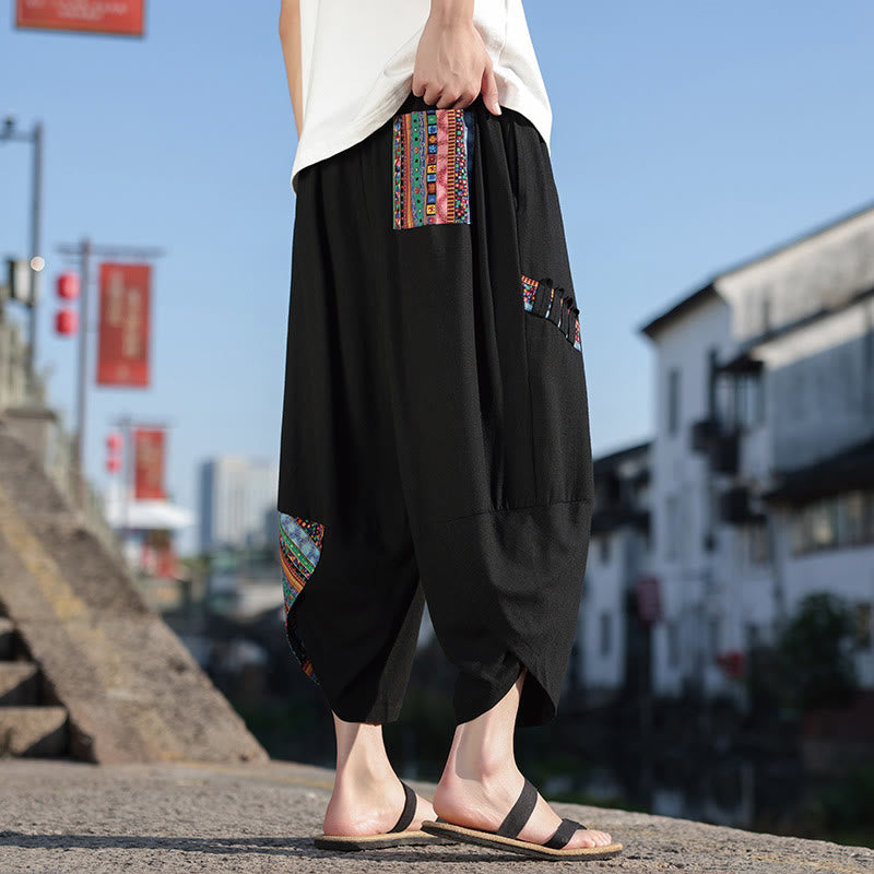 Nimara Ritual Bohemian Patchwork Pattern Cotton Drawstring Men's Wide Leg Pants With Pockets
