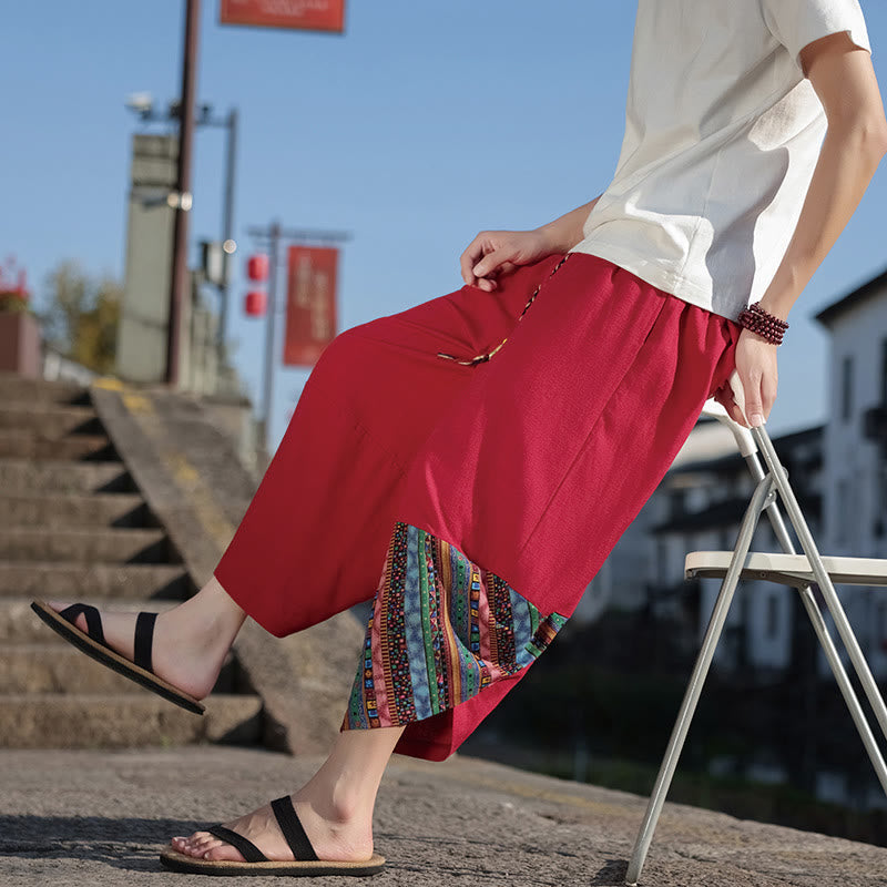 Nimara Ritual Bohemian Patchwork Pattern Cotton Drawstring Men's Wide Leg Pants With Pockets