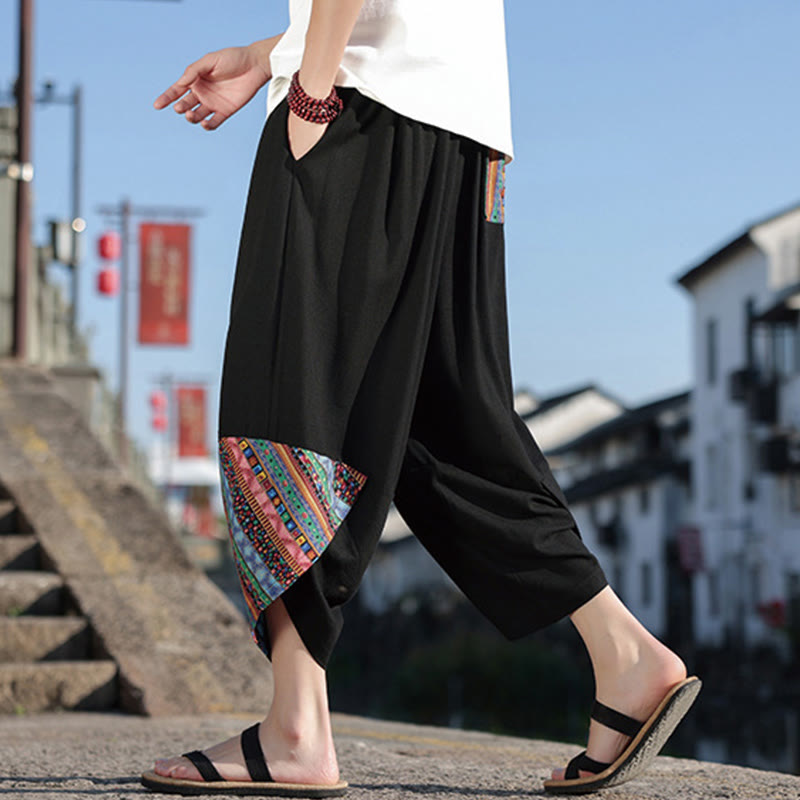 Nimara Ritual Bohemian Patchwork Pattern Cotton Drawstring Men's Wide Leg Pants With Pockets