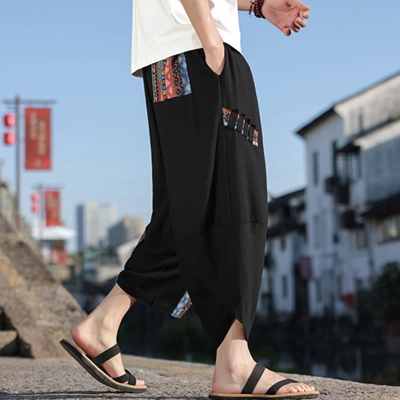 Nimara Ritual Bohemian Patchwork Pattern Cotton Drawstring Men's Wide Leg Pants With Pockets