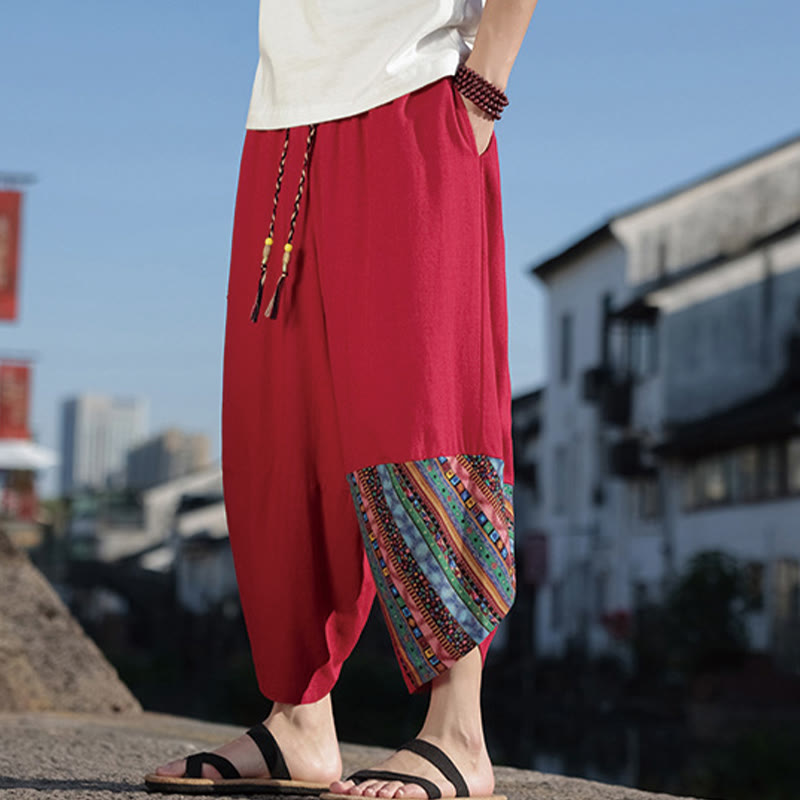 Nimara Ritual Bohemian Patchwork Pattern Cotton Drawstring Men's Wide Leg Pants With Pockets