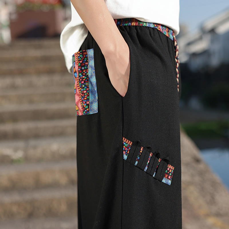 Nimara Ritual Bohemian Patchwork Pattern Cotton Drawstring Men's Wide Leg Pants With Pockets