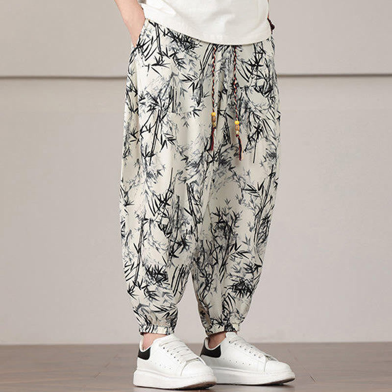 Nimara Ritual Bamboo Leaf Pattern Drawstring Men's Harem Pants With Pockets