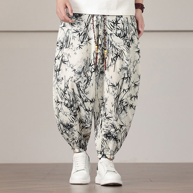 Nimara Ritual Bamboo Leaf Pattern Drawstring Men's Harem Pants With Pockets