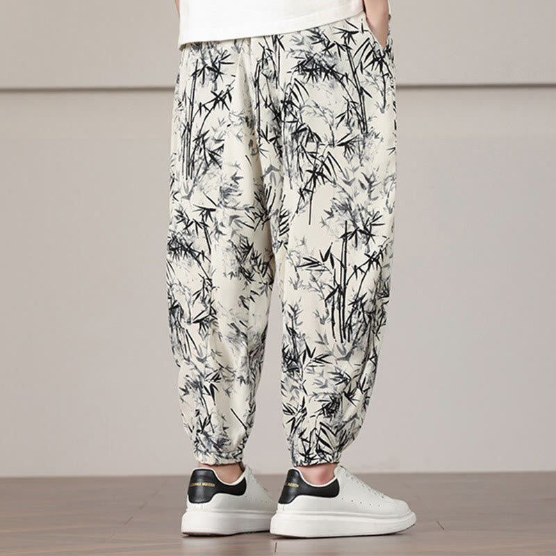 Nimara Ritual Bamboo Leaf Pattern Drawstring Men's Harem Pants With Pockets