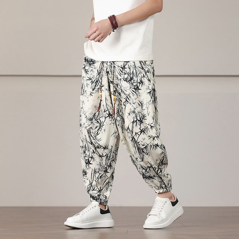 Nimara Ritual Bamboo Leaf Pattern Drawstring Men's Harem Pants With Pockets