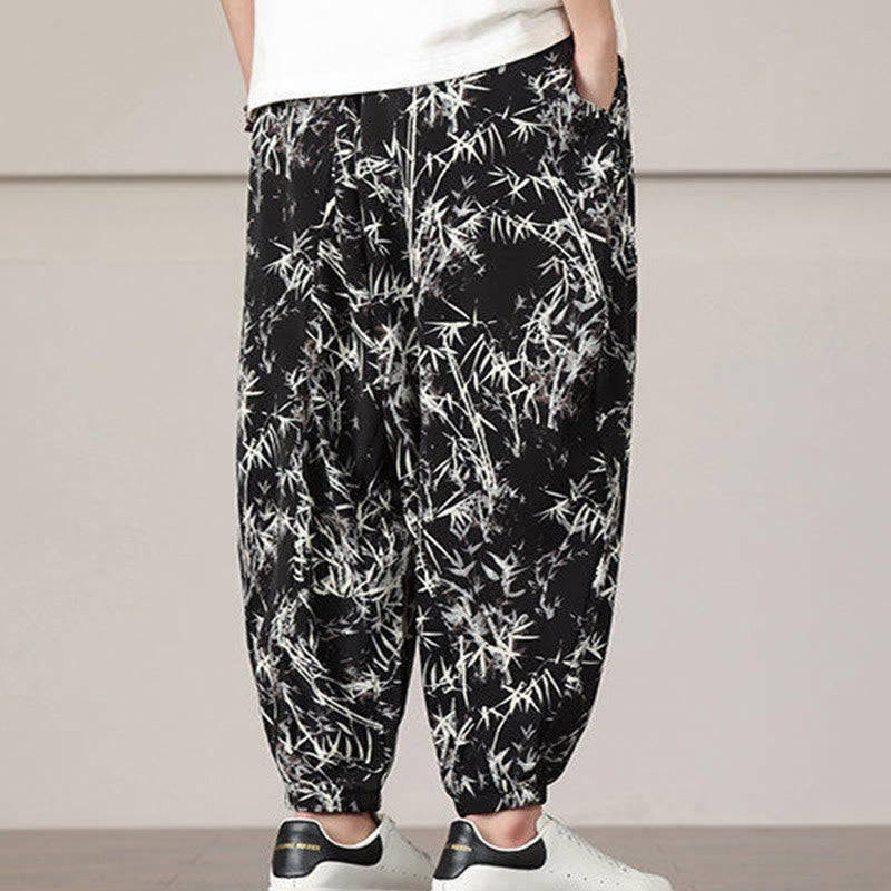 Nimara Ritual Bamboo Leaf Pattern Drawstring Men's Harem Pants With Pockets