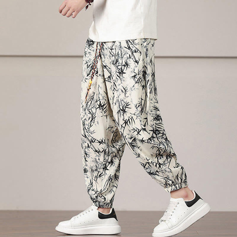 Nimara Ritual Bamboo Leaf Pattern Drawstring Men's Harem Pants With Pockets