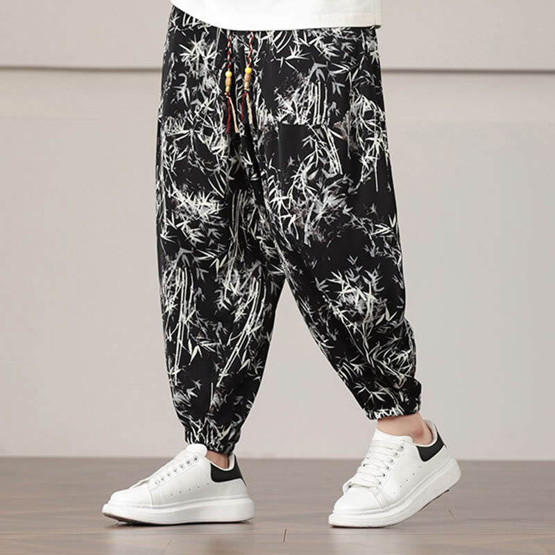 Nimara Ritual Bamboo Leaf Pattern Drawstring Men's Harem Pants With Pockets