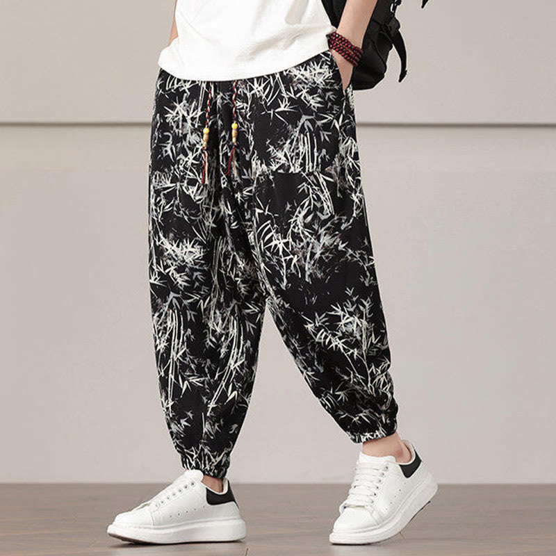 Nimara Ritual Bamboo Leaf Pattern Drawstring Men's Harem Pants With Pockets